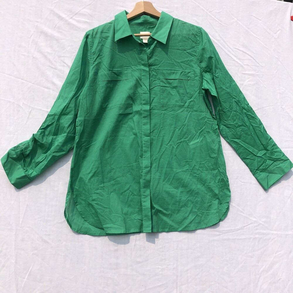 Chico's Green Button Up Long Sleeve Shirt Size 1 Cotton
